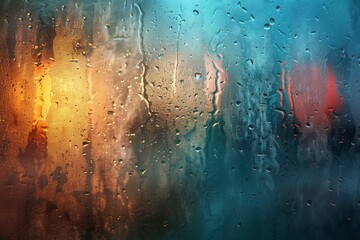 A window with raindrops on it and a yellow light in the background