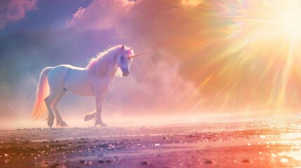 Obraz na płótnie Canvas Magical unicorn in a shimmering rainbow landscape AI generated illustration