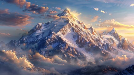Majestic snow-capped mountain peaks piercing the sky, bathed in the warm glow of sunrise, evoking a sense of awe and wonder.