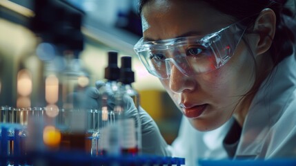 Asian researcher studying vials of stem cells, exploring the potential for regenerative medicine and tissue engineering in a cutting-edge lab.