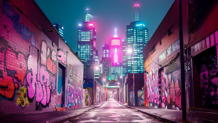 Vibrant night cityscape with colorful graffiti art on urban alley walls, illuminated by neon lights of downtown skyline.