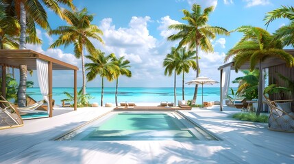  A serene tropical pool and beach area with palm trees, perfect for relaxation and soaking up the sun.