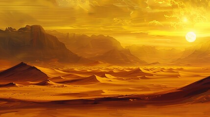 Majestic sunrise over a vast desert landscape, casting warm hues of gold and orange across the towering sand dunes.