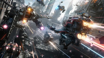Mechs battling it out in a futuristic cityscape  AI generated illustration