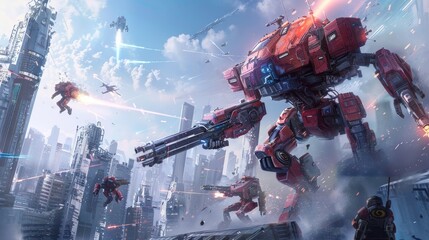 Mechs battling it out in a futuristic cityscape  AI generated illustration