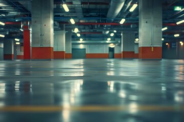 Empty indoor mall parking lot without any cars. Concept Empty Parking Lot, Indoor Setting, Mall Background, Urban Landscape - obrazy, fototapety, plakaty