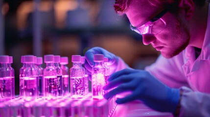 A researcher studying vials of stem cells, exploring the potential for regenerative medicine and tissue engineering in a cutting-edge lab.