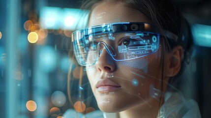 A person wearing smart glasses with augmented reality overlays, enhancing productivity and providing real-time information in a wearable format.