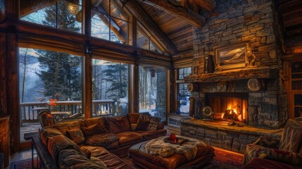 Mountain retreat with a cozy fireplace  AI generated illustration