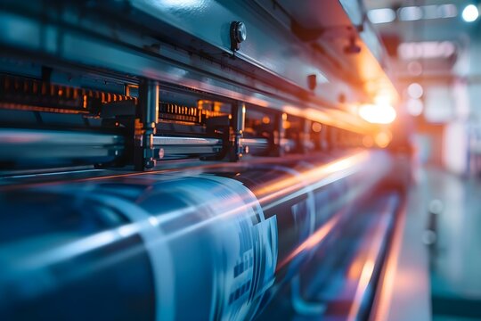 Digital inkjet printer in operation during largescale printing process. Concept Large format printing, Inkjet technology, Printing process, Industrial printing, High-volume production