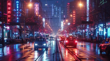 Neon-lit city with sustainable transportation options  AI generated illustration