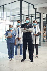 Doctors, man and arms crossed with mask, group and portrait with diversity for medical career in...