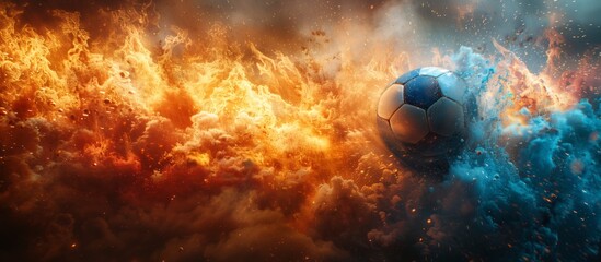 The sky is filled with flames and smoke around the soccer ball