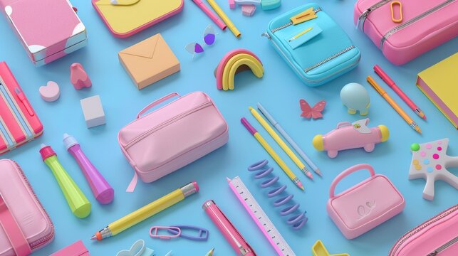 Playful and colorful 3D models of school supplies in a cute and quirky style  AI generated illustration