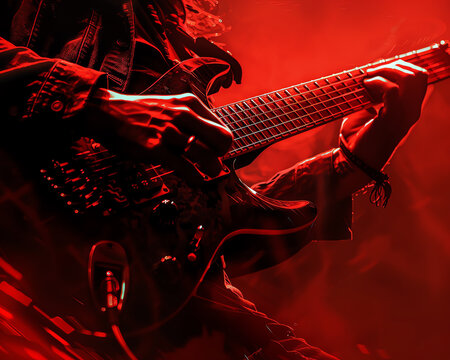 A guitarist plays a mean riff on his electric guitar, his fingers flying across the fretboard. The crowd is going wild.