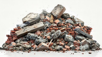 Obraz premium a large pile of assorted construction debris, with a mix of wooden planks, concrete chunks, and broken bricks