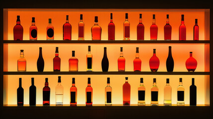 Rows of bottles on shelf in bar, amber yellow back lighting
