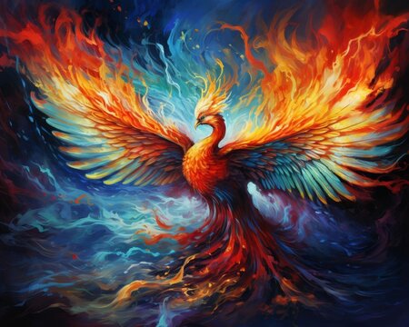 A painting of a phoenix rising from the ashes with a blue background