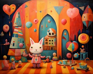 A whimsical painting of a rabbit in a colorful circus tent
