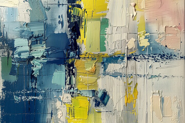 Abstract colorful painting knife brush paint blue yellow white tones.