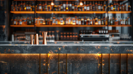 Marble bar counter with copper utensils and shelves with bottles