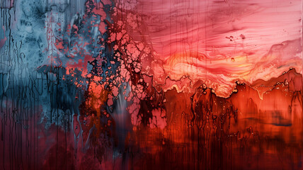 abstract painting in fiery red and dark blues tones vivid color grunge texture.