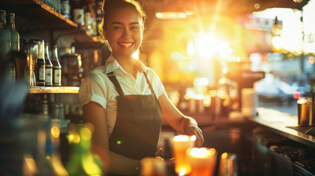 Female bartender in tropical seaside bar