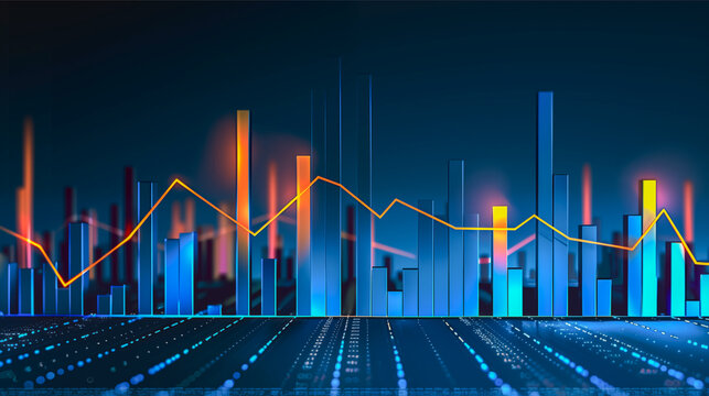 financial graph with blue vertical bars of varying heights and line graphs in orange