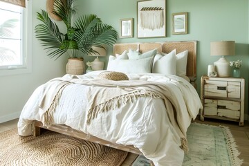 Serene Coastal Bedroom with Light Green Walls, Neutral Bedding, and Woven Rug. Concept Coastal Decor, Serene Bedroom, Light Green Walls, Neutral Bedding, Woven Rug