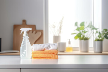 Cleaning products on white table. Window with plants in kitchen on background. House cleaning concept