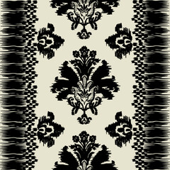 Damask Ikat floral pattern black yellow background vector illustration.ink texture embroidery.Aztec style abstract,hand drawn,baroque.design for texture,fabric,clothing,decoration,scarf,carpet,textile