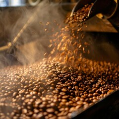 Closeup image of a coffee roaster releasing freshly roasted beans into a cooling tray, capturing the steam and rich colors of the beans