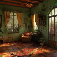 Una encantadora imagen, llena de color, de una habitación mexicana en tonos verdes