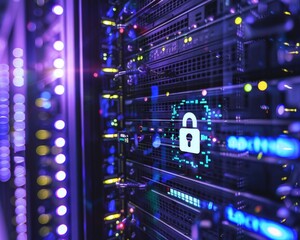 A dark and moody shot of a server room. The lights are off, and the only light comes from the glow of the servers. There is a padlock on the door