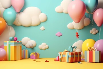 Obraz na płótnie Canvas colorful gift boxes with balloons and clouds in the background. Birthday Concept with Copy Space. 