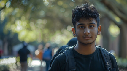 Naklejka premium Portrait of a young man amidst the bustle of a college campus, genuine and candid, evoking the spirit of youth and ambition. Ai generated