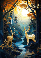 fairy-tale deer with antlers against the background of a forest and a magical house, illustration cut out of paper, wallpaper, nature, animals, fawn, dream, fantasy - obrazy, fototapety, plakaty