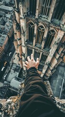 Naklejka premium A hand reaching out from the top of a building with a city in the background