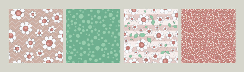 Seamless pattern assorted colors vectors, four square cards template, floral and dots seamless pattern design