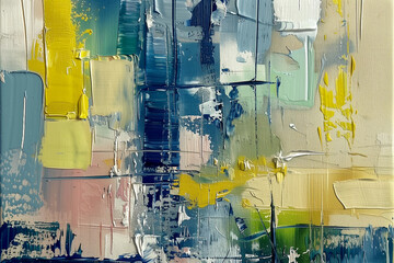 Abstract colorful painting knife brush paint blue yellow white tones.