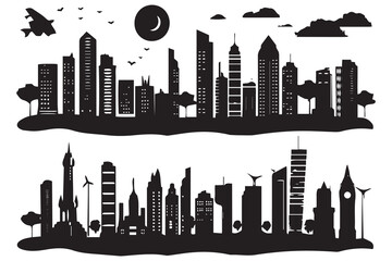 Naklejka premium set of Vector silhouette of city with black color illustration