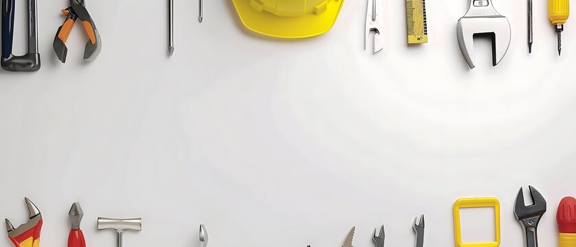 A banner-style image featuring a variety of construction tools and a yellow hard hat, white background