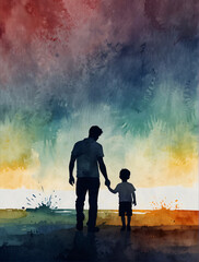 Watercolor abstract painting for Father's Day, featuring an abstract illustration of a father and son.. father day celebration, ai generated