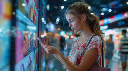 A woman interacting with a smart screen. Woman choosing products on an interactive display. Concept of technology and lifestyle