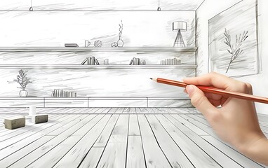 hand drawing of a modern living room interior design with shelves a woman's hand holding a pencil and drawing in the background in the style 