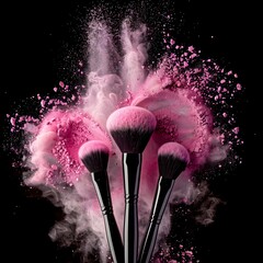 Makeup brushes and scattered  powder on black background, 