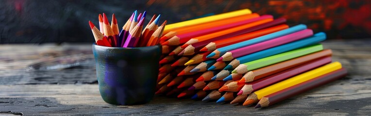 Fototapeta premium School Desk with Colorful Pencils, Glasses, Chalkboard in Background