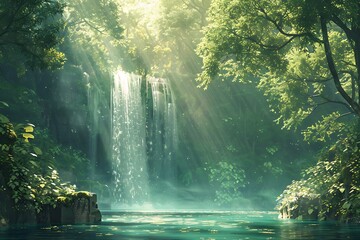 Amidst a dense, emerald forest, a secluded waterfall cascades gracefully into a crystalline pool below. Sunlight filters through the verdant canopy,