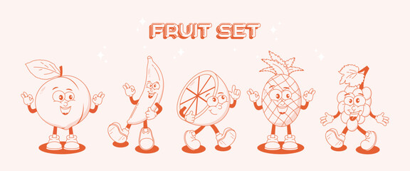 Retro stickers with fashionable fruits. Illustration for t-shirt print. Mascots for restaurant.Nostalgia for vintage aesthetics and the 90s. Vector.