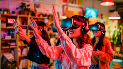 Young adults exploring virtual worlds with VR headsets in a vibrant, colorful indoor environment, full of excitement and fun.
